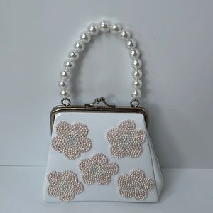 White Purse with Pink Beaded Flowers